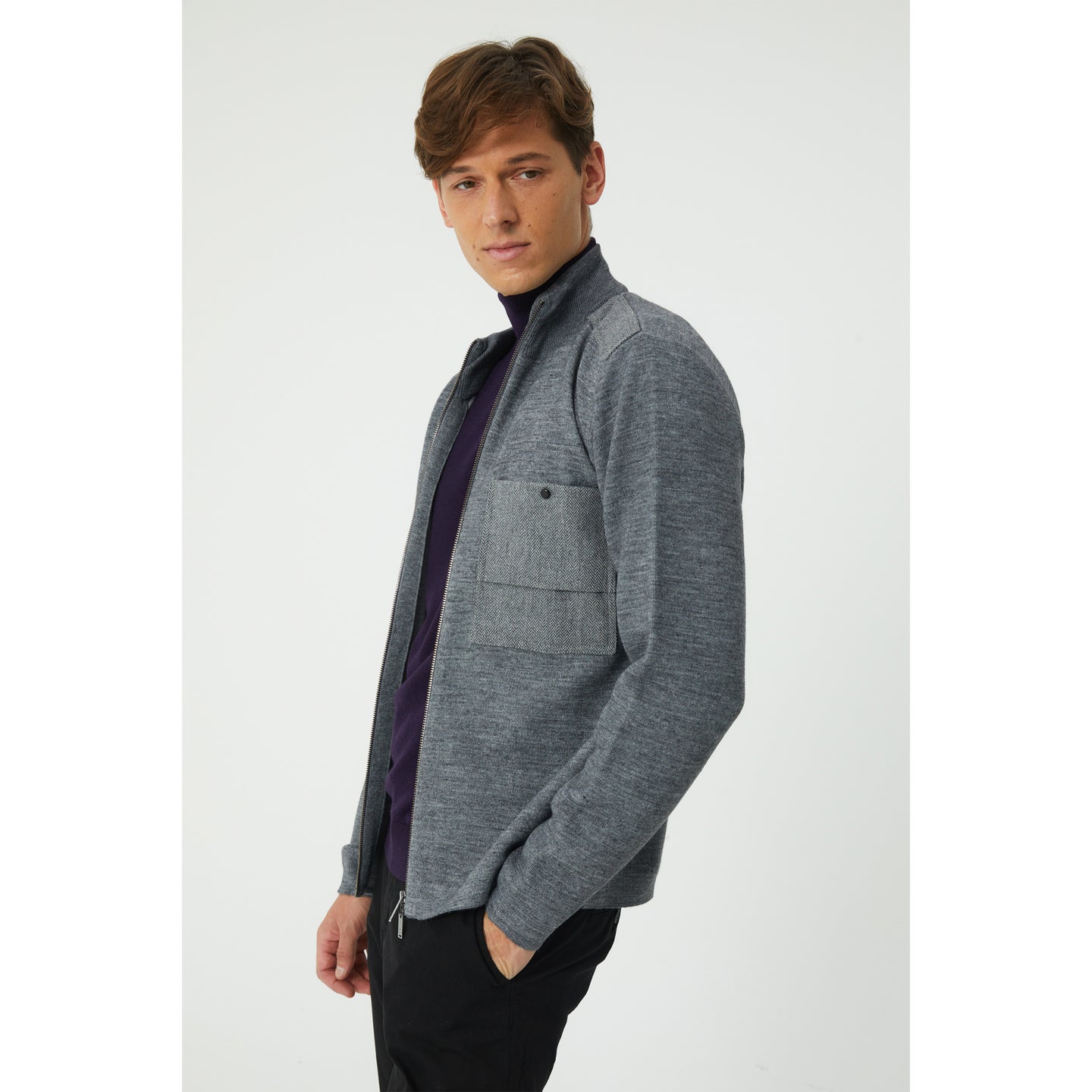 Grey Wool Blend Zip-Up Cardigan